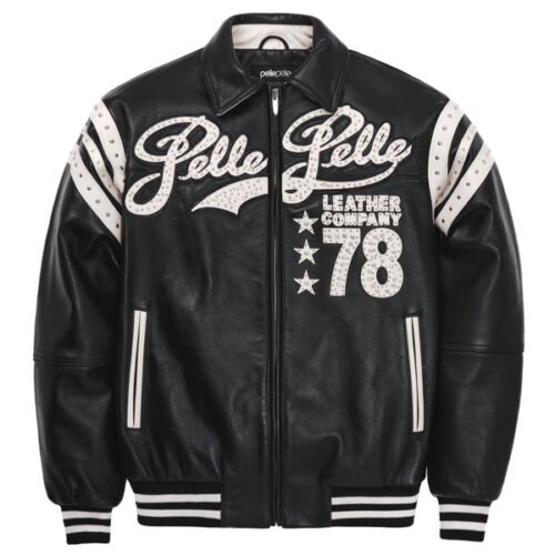 Pelle Pelle Encrusted Plush 78 Soda Club Black Leather Varsity Jacket