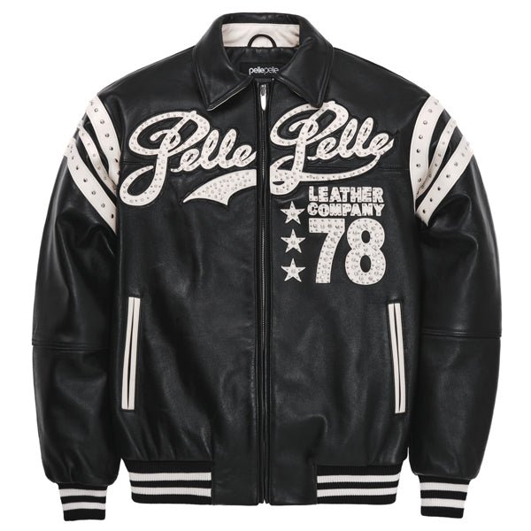 Pelle Pelle Encrusted Plush 78 Soda Club Black Leather Varsity Jacket