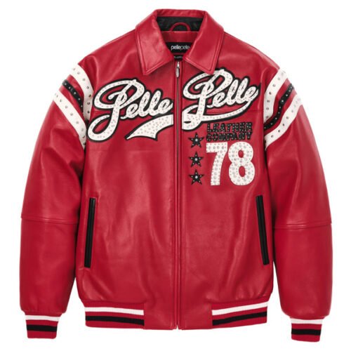 Pelle Pelle Encrusted Plush 78 Soda Club Red Leather Varsity Jacket