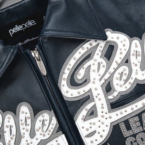 Pelle Pelle Encrusted Plush 78 Soda Club Navy Leather Varsity Jacket - Image 5