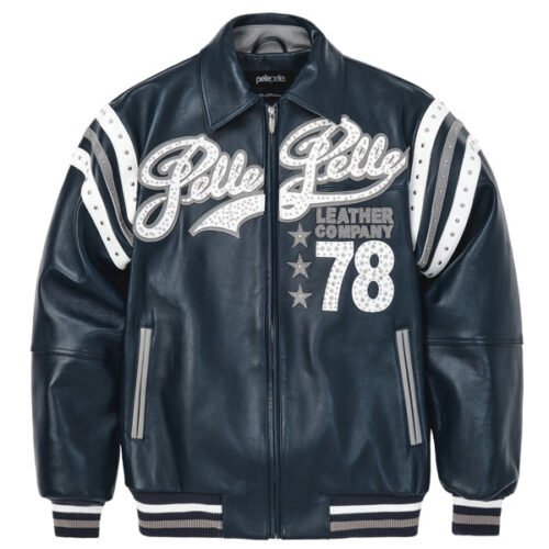 Pelle Pelle Encrusted Plush 78 Soda Club Navy Leather Varsity Jacket
