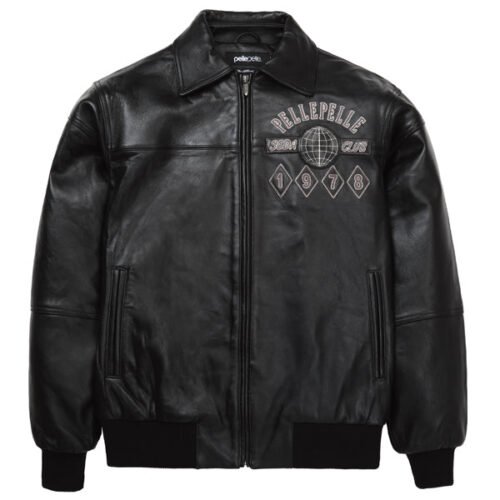 Pelle Pelle Logo World Famous Soda Club Full Black Leather Jacket