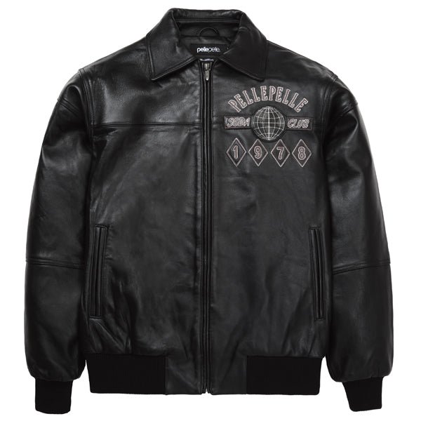 Pelle Pelle Logo World Famous Soda Club Full Black Leather Jacket