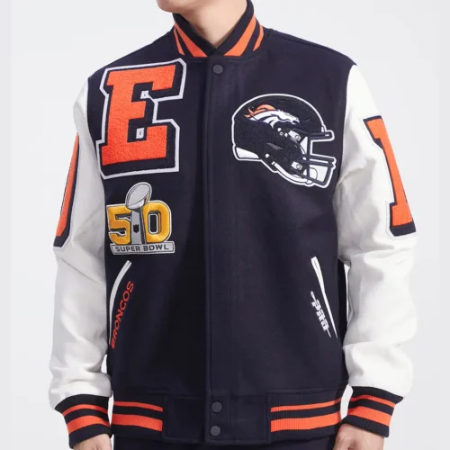 Denver Broncos Classic Rib Wool & Leather Varsity Jacket Navy & White