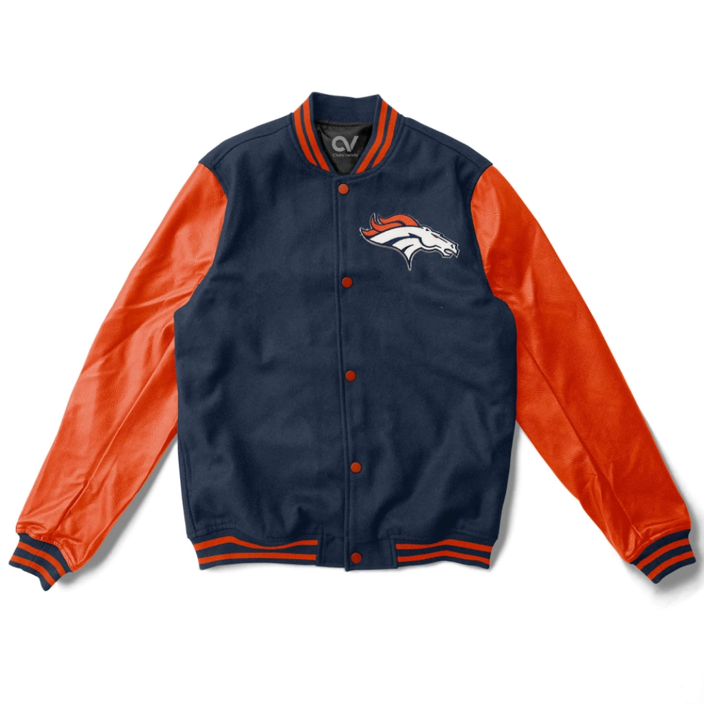 Denver Broncos Letterman Wool & Leather Black/Orange Varsity Jacket