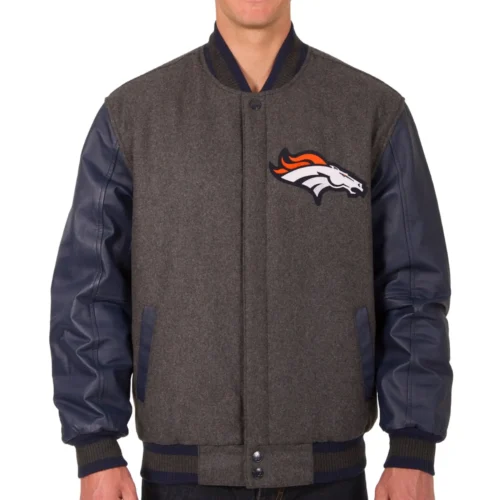 Denver Broncos Wool & Leather Varsity Jacket Charcoal & Navy