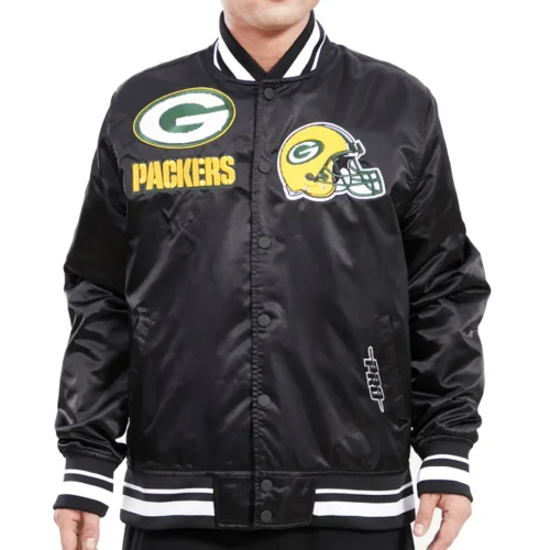 Green Bay Packers Classic Rib Satin Black Varsity Jacket
