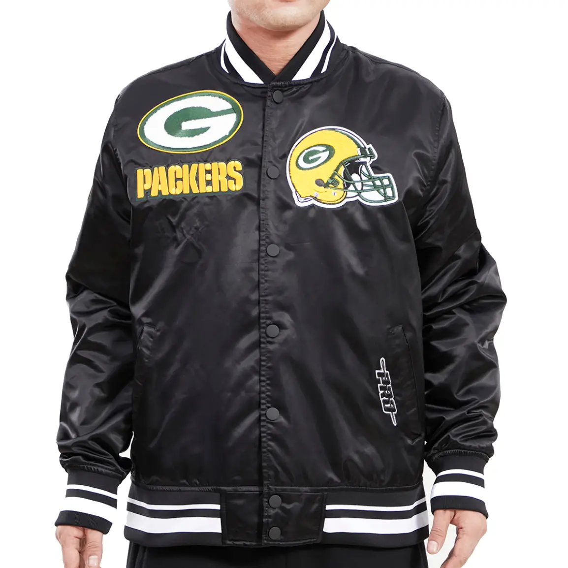Green Bay Packers Classic Rib Satin Black Varsity Jacket