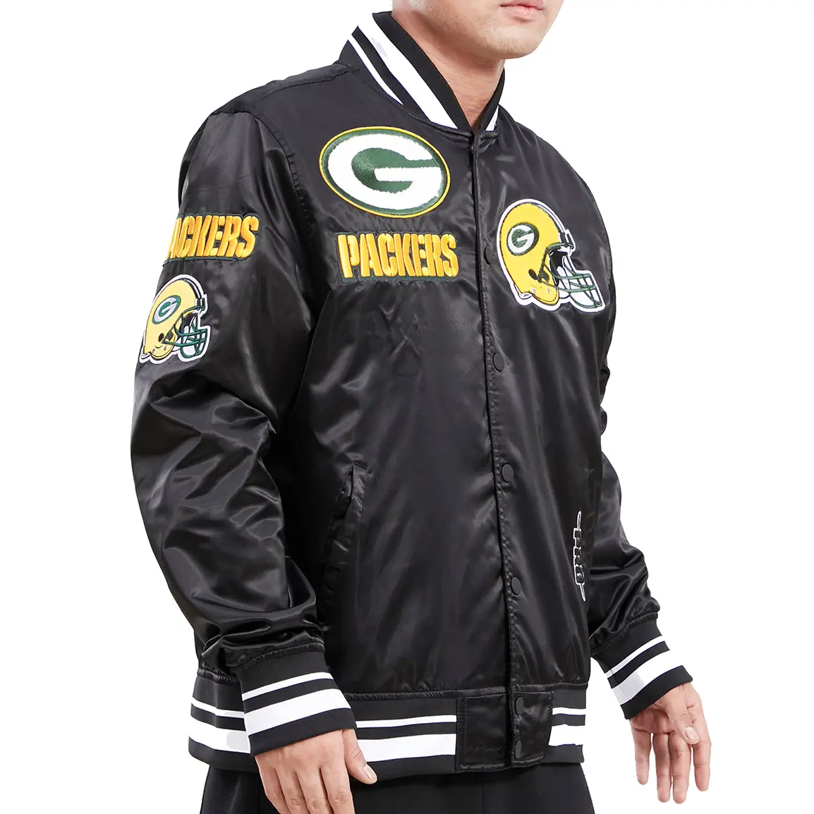 Green Bay Packers Classic Rib Satin Black Varsity Jacket