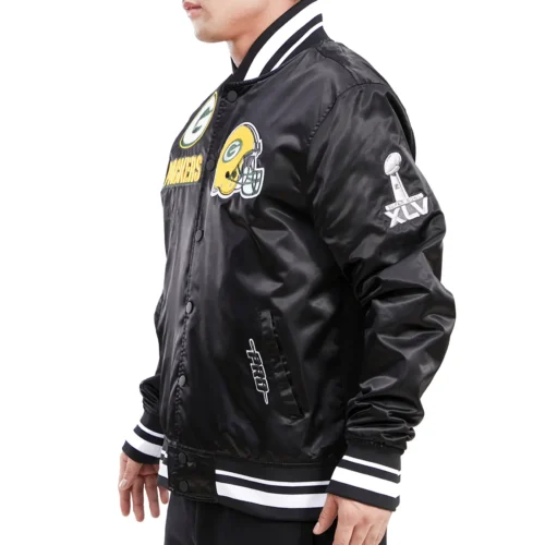 Green Bay Packers Classic Rib Satin Black Varsity Jacket