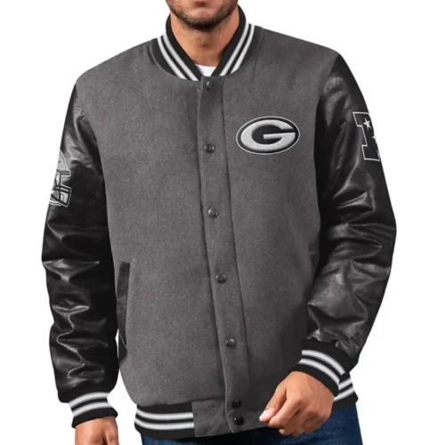 Green Bay Packers Wool & Leather Varsity Jacket Charcoal Gray & Black