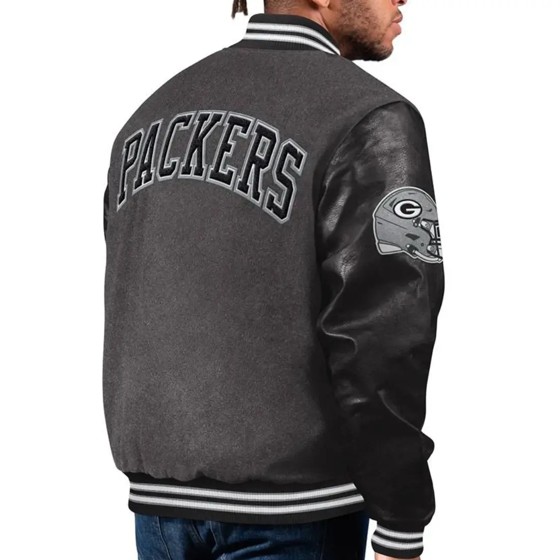 Green Bay Packers Wool & Leather Varsity Jacket Charcoal Gray & Black