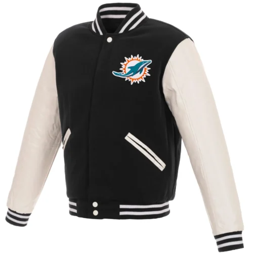 Miami Dolphins Classic Rib Wool & Leather Varsity Jacket Black & White