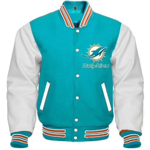 Miami Dolphins Football Team Players Varsity Jacket Aqua & White
