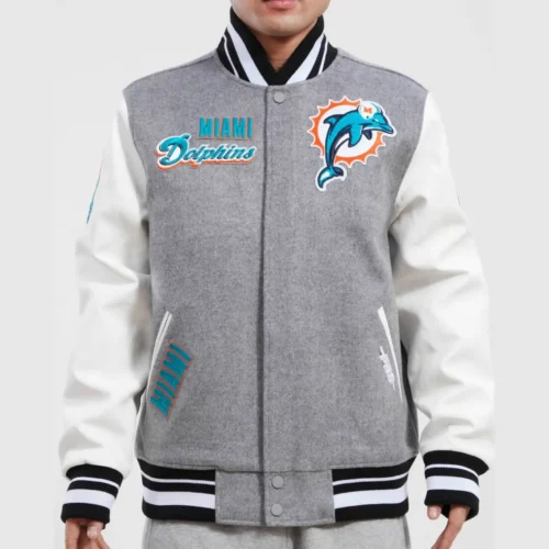 Miami Dolphins Wool & Leather Varsity Jacket Heather Grey & White