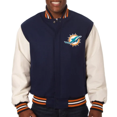Miami Dolphins Wool & Leather Varsity Jacket Navy & White