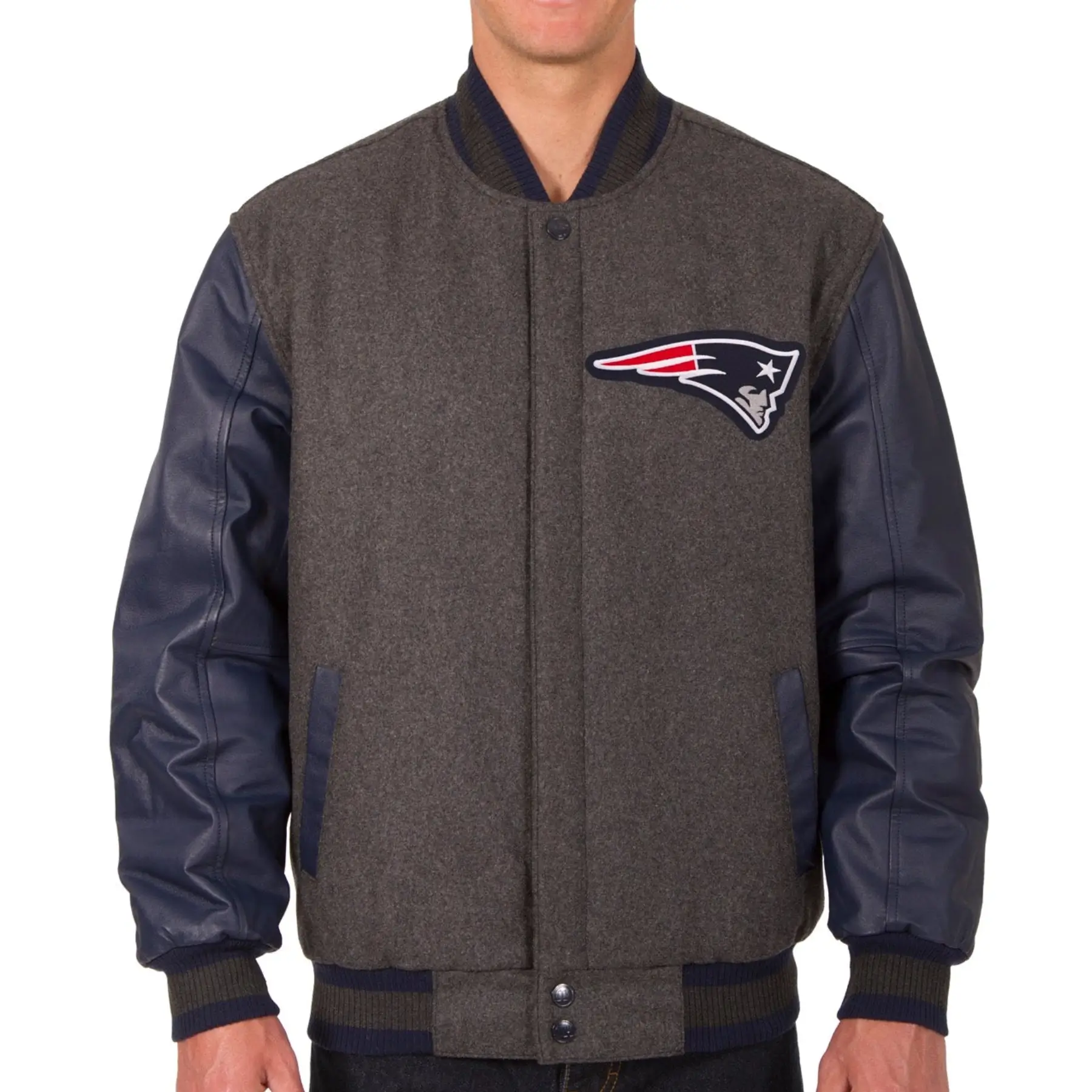 New England Patriots Wool & Leather Varsity Jacket charcoal & Navy
