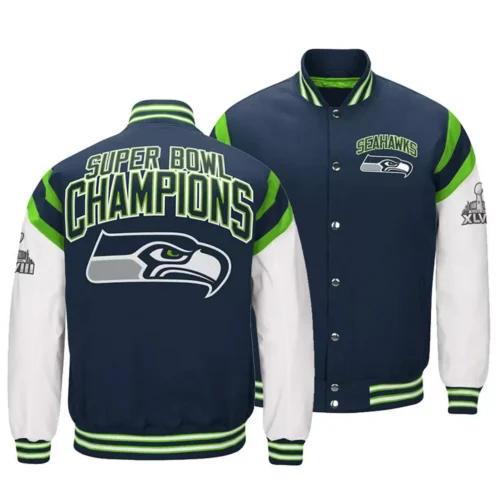 Seattle Seahawks Classic Rib Satin Varsity Jacket Navy & White
