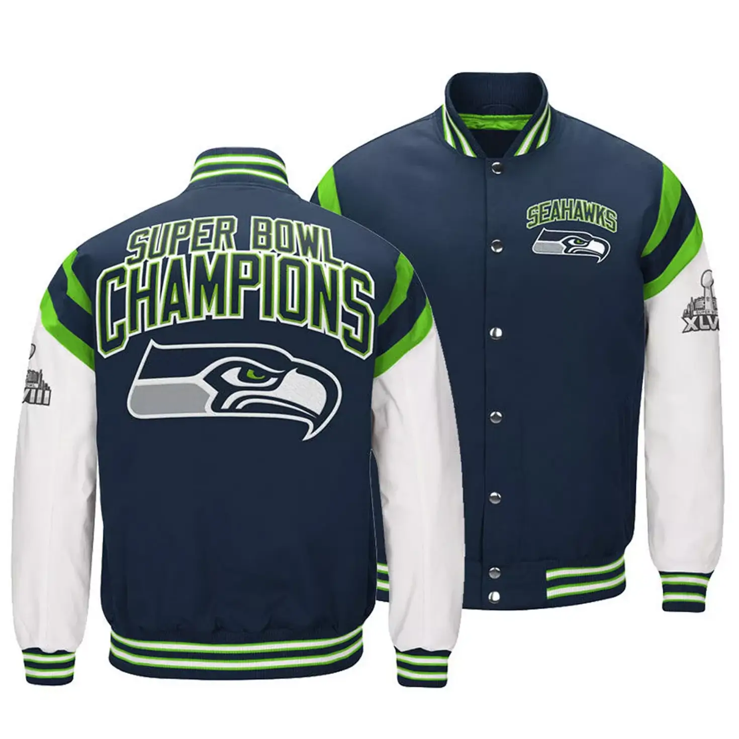 Seattle Seahawks Classic Rib Satin Varsity Jacket Navy & White