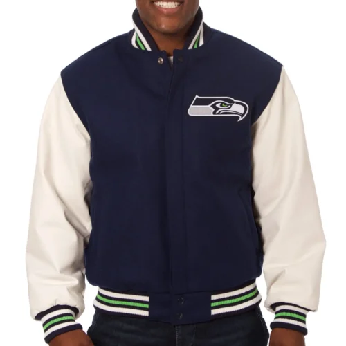 Seattle Seahawks Football Players Wool & Leather Varsity Jacket Navy & White