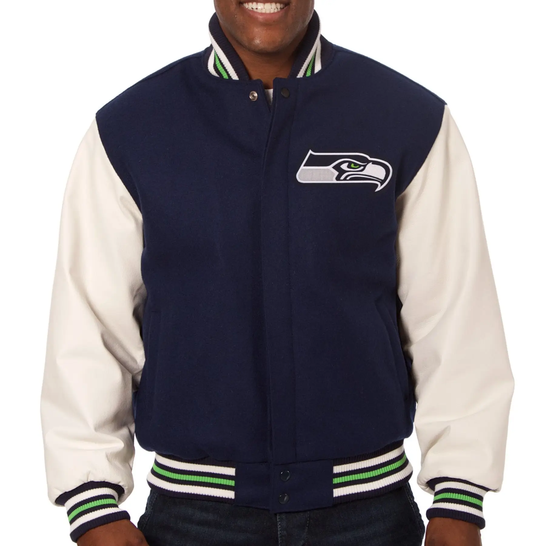 Seattle Seahawks Football Players Wool & Leather Varsity Jacket Navy & White