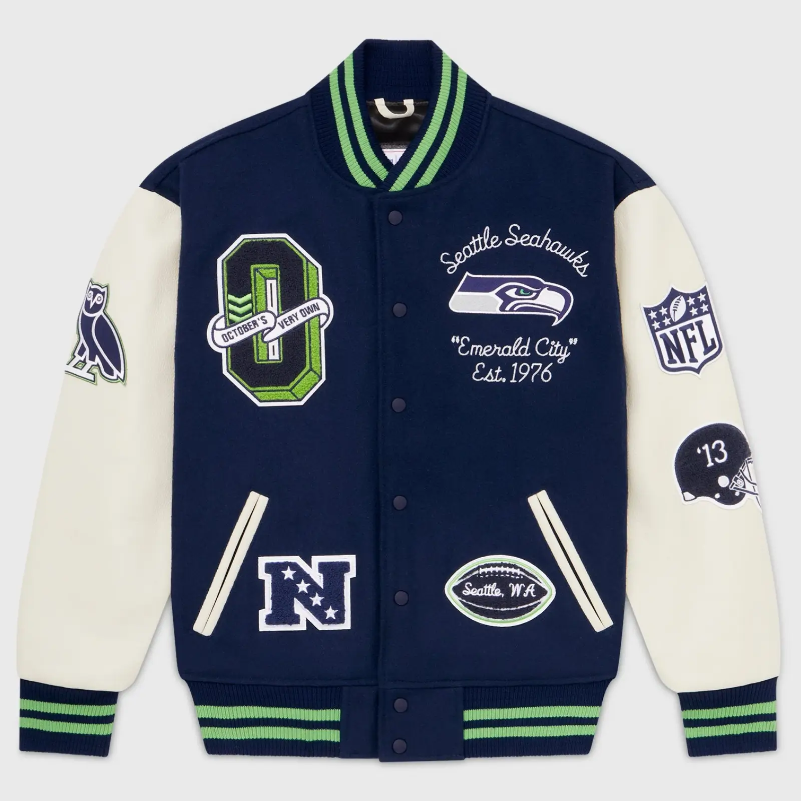 Seattle Seahawks Wool & Leather Varsity Jacket Navy & White