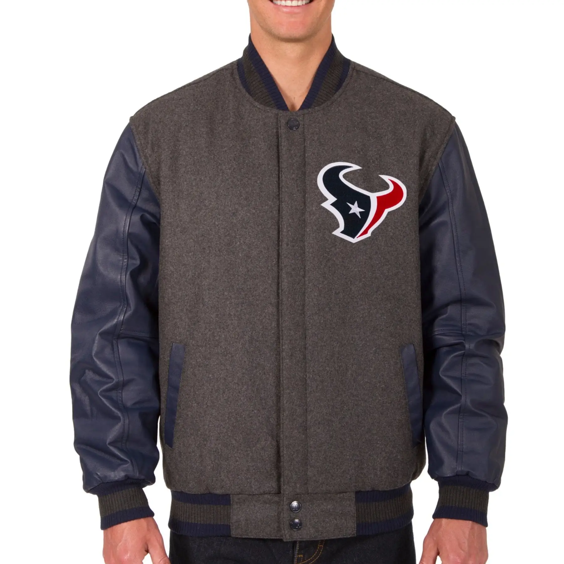 Houston Texans Wool & Leather Varsity Jacket Charcoal & Navy