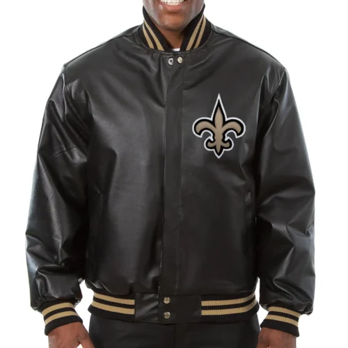 New Orleans Saints Black Leather Varsity Jacket