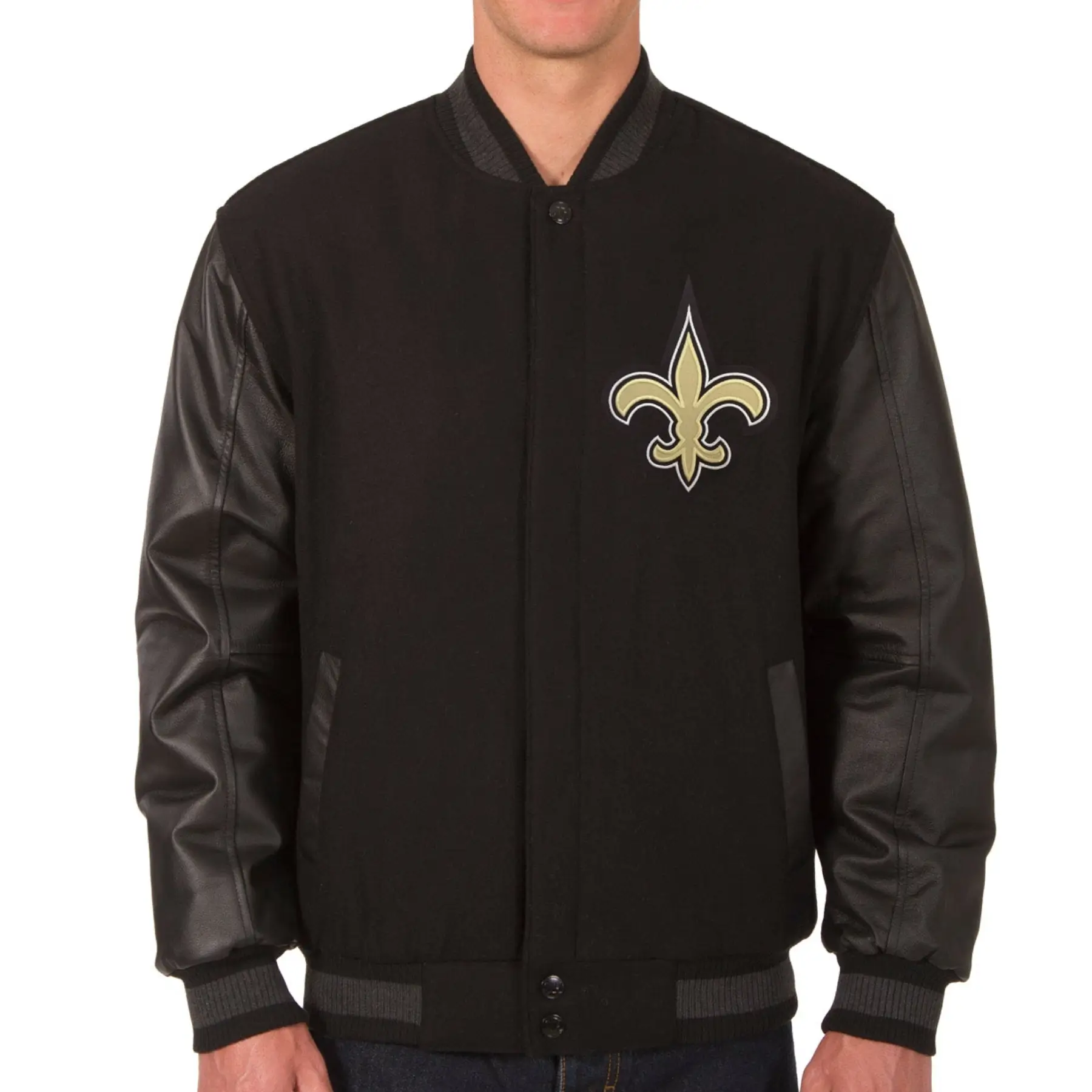 New Orleans Saints Black Wool & Leather Varsity Jacket