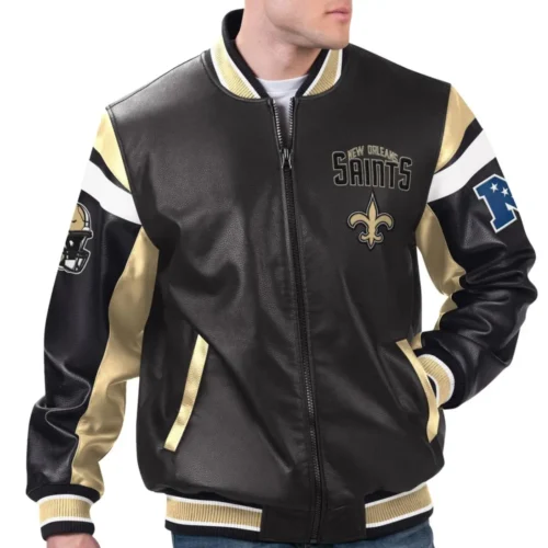 New Orleans Saints Faux Leather Varsity Jacket