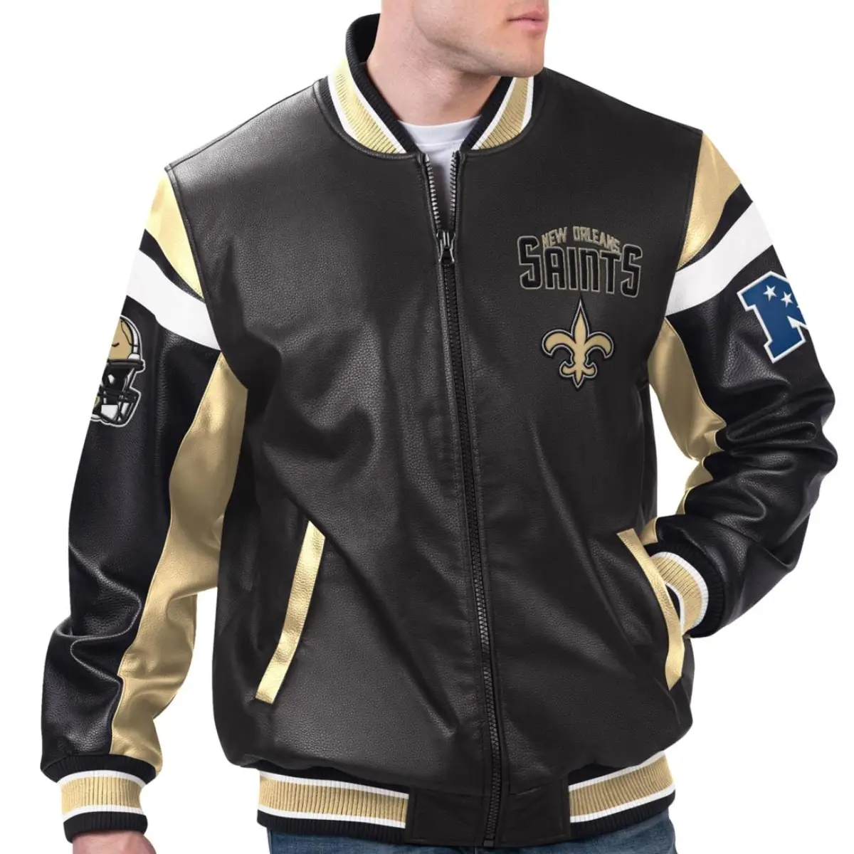 New Orleans Saints Faux Leather Varsity Jacket