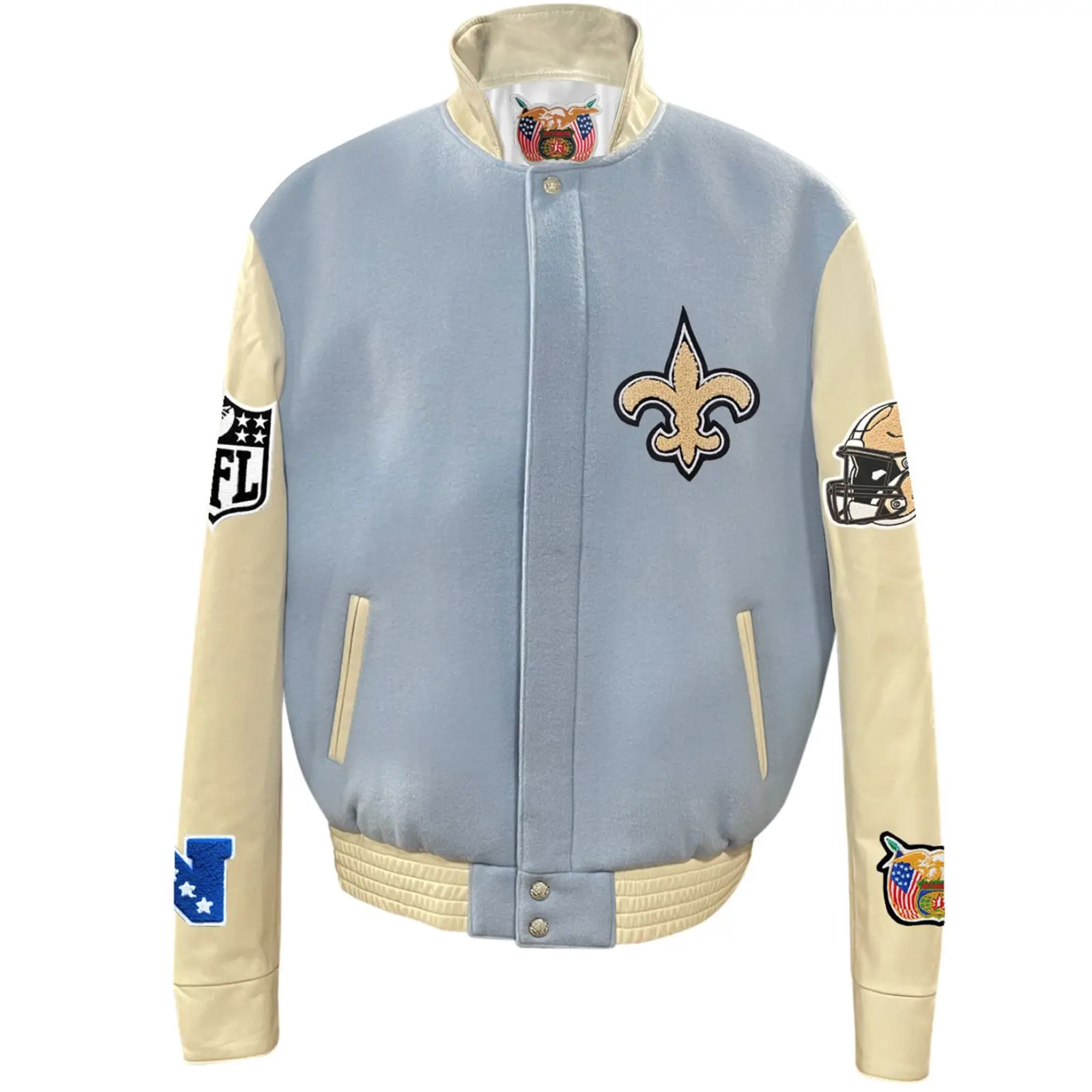 New Orleans Saints Jeff Hamilton Wool & Leather Varsity Jacket Blue & Cream