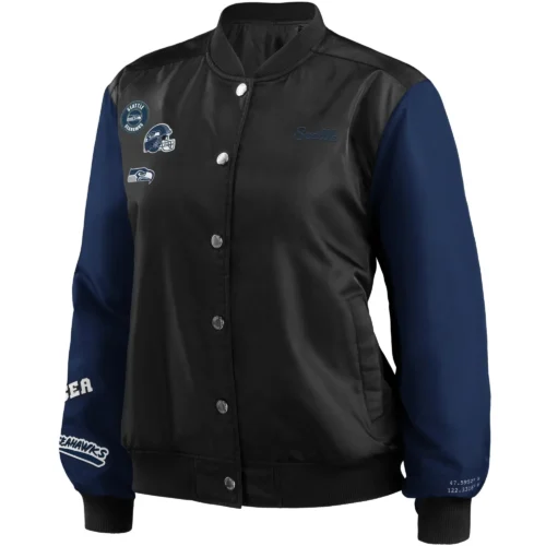 Seattle Seahawks Classic Rib Satin Varsity Jacket Black & Navy