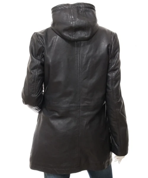 Echo: Women's Hooded Black Leather Parka Coat