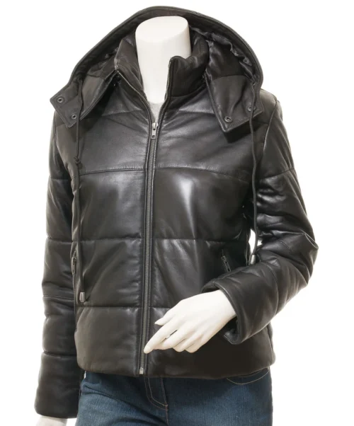 Fackler: Women's Detachable Hood Black Leather Puffer Jacket