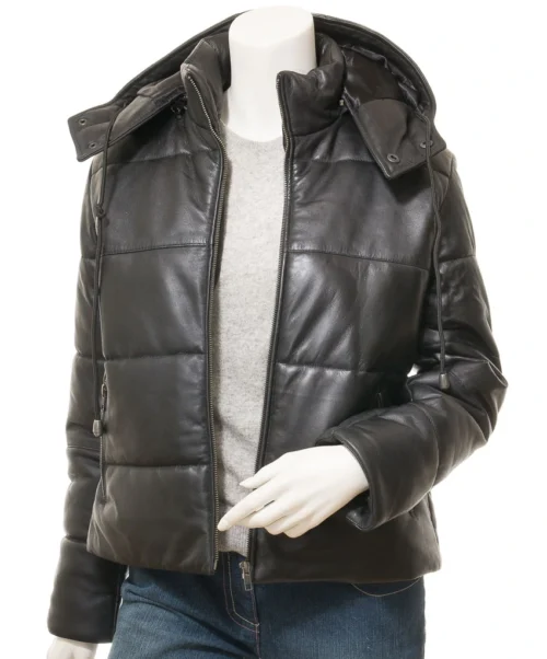 Fackler: Women's Detachable Hood Black Leather Puffer Jacket