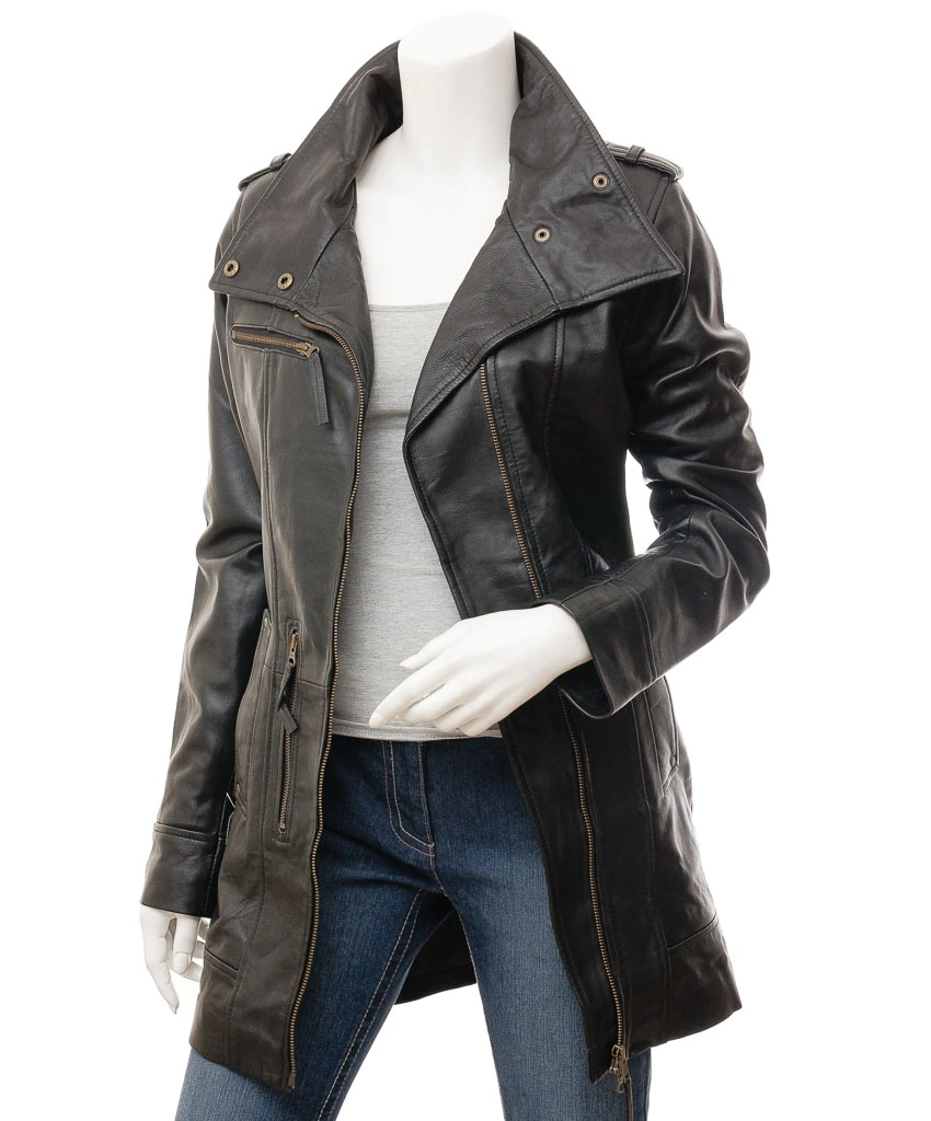 Chickasaw: Women's Double Breasted Black Leather Trench Coat
