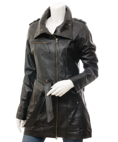 Chickasaw: Women's Double Breasted Black Leather Trench Coat