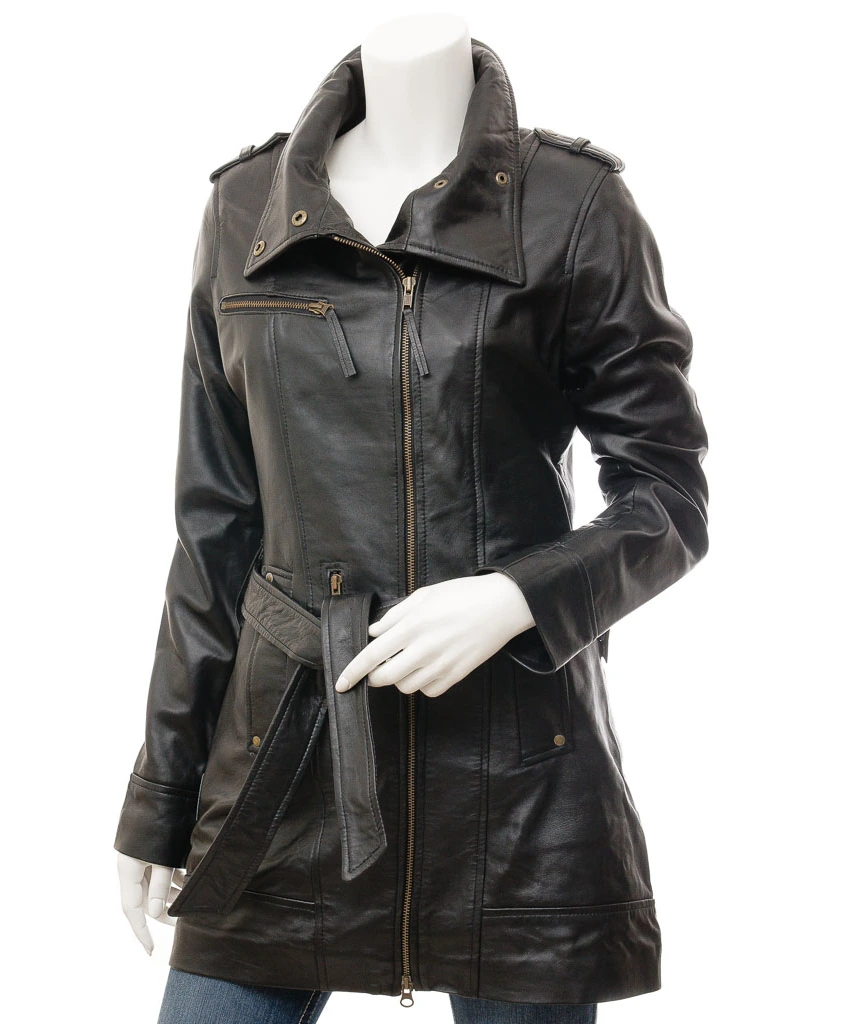 Chickasaw: Women's Double Breasted Black Leather Trench Coat