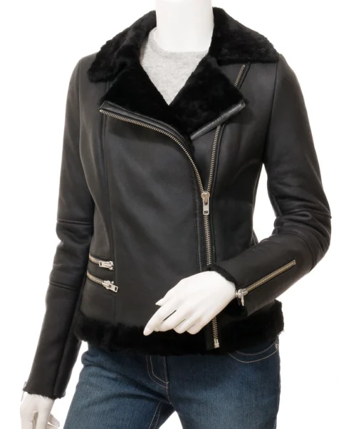 Demopolis: Women's Double Breasted Black Shearling Biker Jacket