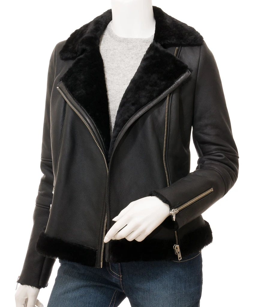 Demopolis: Women's Double Breasted Black Shearling Biker Jacket