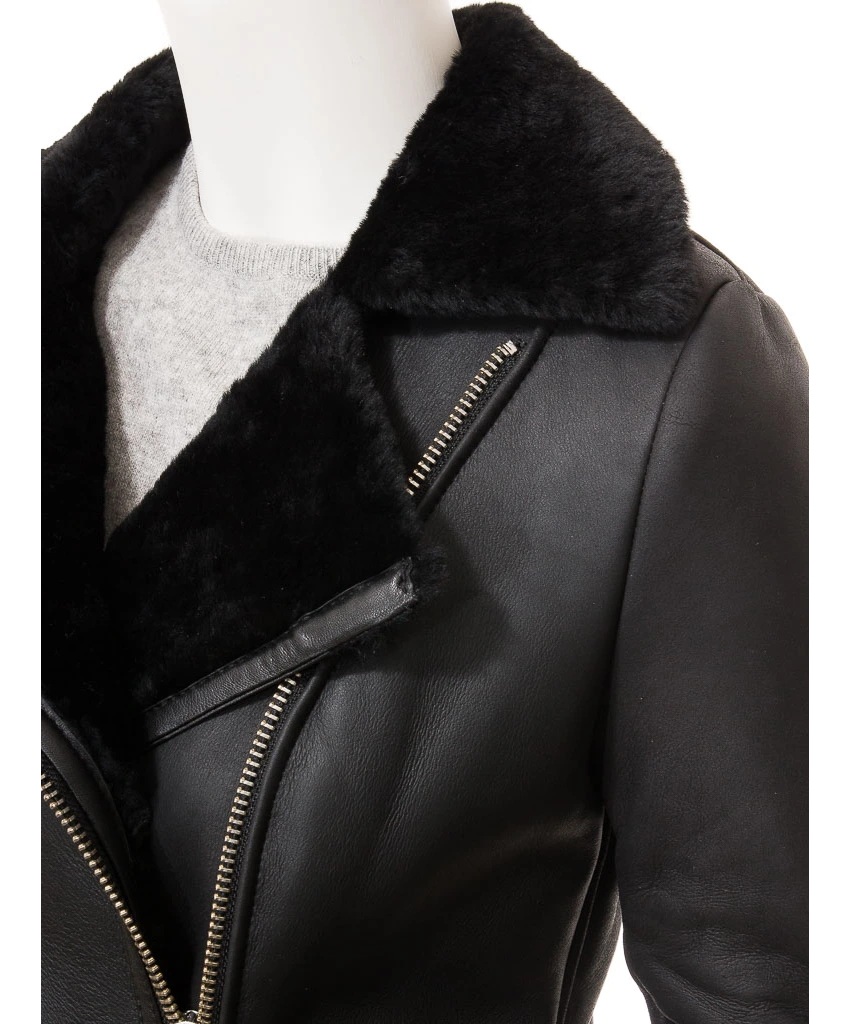 Demopolis: Women's Double Breasted Black Shearling Biker Jacket