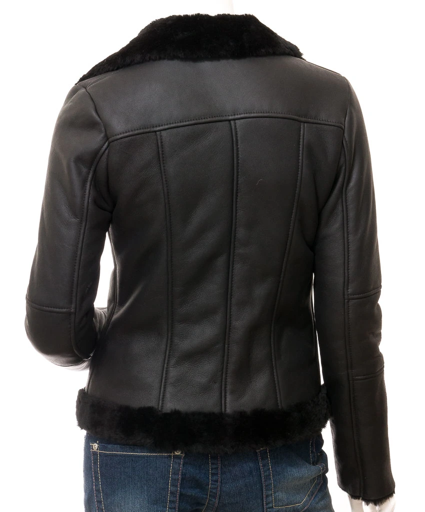Demopolis: Women's Double Breasted Black Shearling Biker Jacket