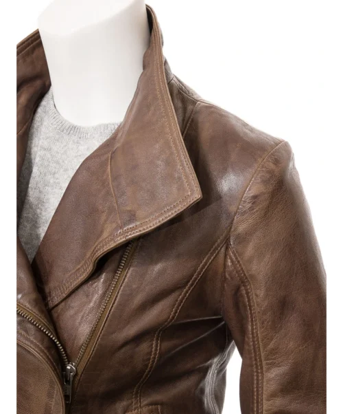 WOMEN'S BROWN LEATHER BIKER JACKET DOTHAN - Image 4