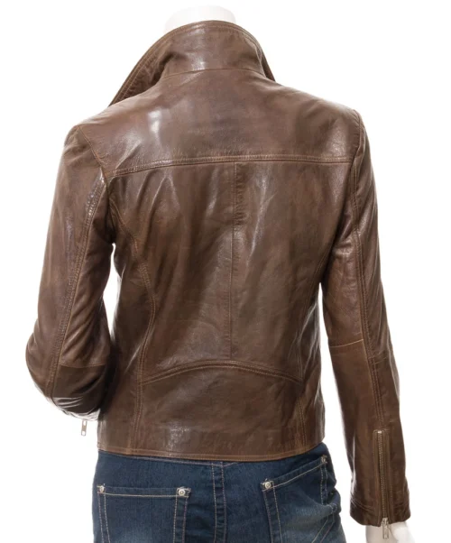 WOMEN'S BROWN LEATHER BIKER JACKET DOTHAN - Image 3
