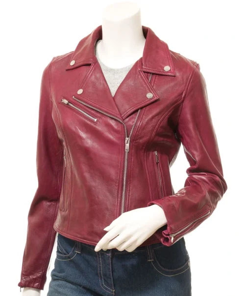 WOMEN'S BURGUNDY LEATHER BIKER JACKET ENSLEY