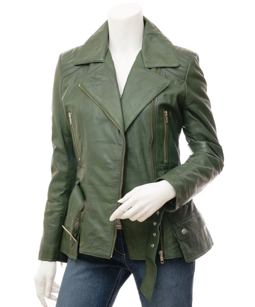 Alternative view of WOMEN'S GREEN LEATHER BIKER JACKET SIMI