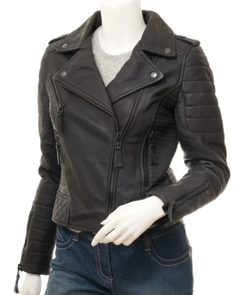 WOMEN'S MATTE BLACK LEATHER BIKER JACKET ELSANOR