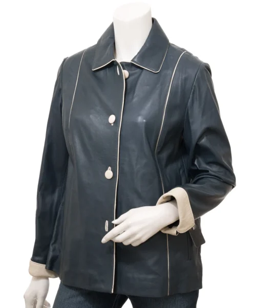 WOMEN'S NAVY & IVORY LEATHER JACKET CUSSETA