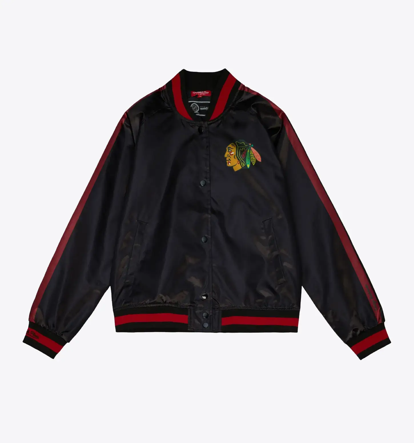 Chicago Blackhawks Women's Raglan Satin Full-Snap Black Varsity Jacket